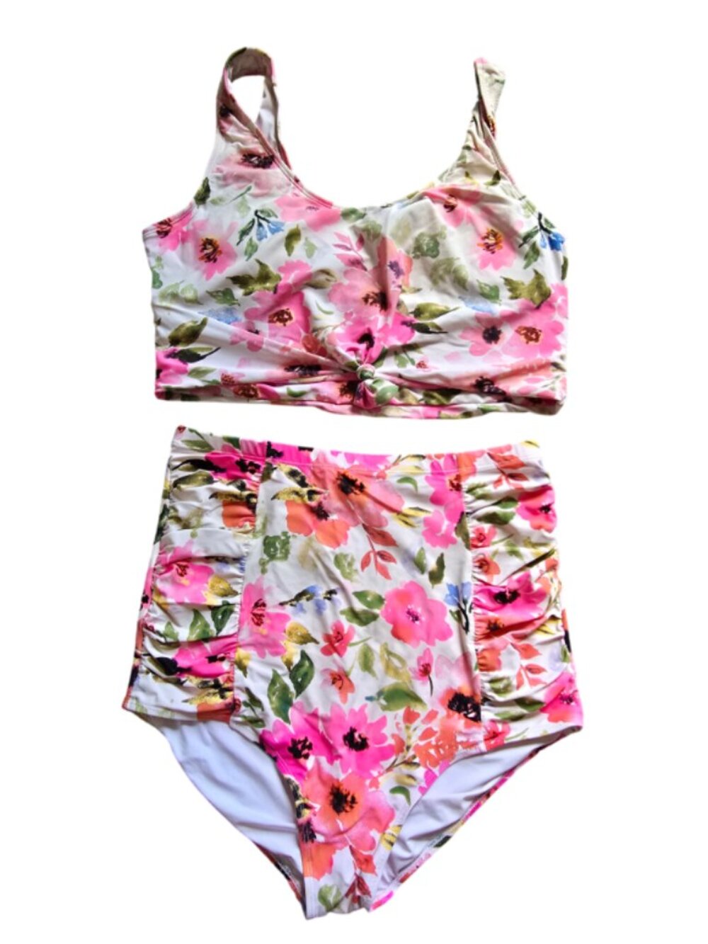 Twist-Front Floral High-Waist Bikini Set - Pink Floral
